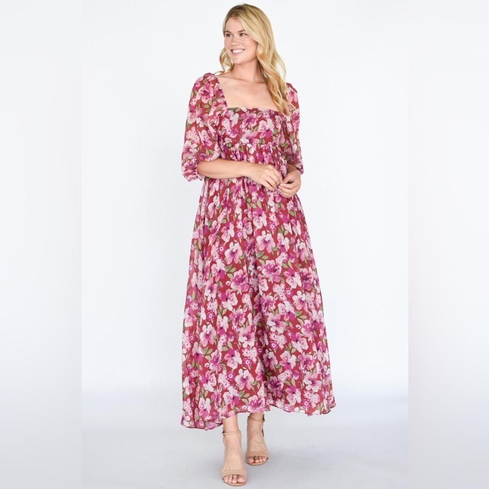 NWT Storia floral maxi dress wedding guest puff sleeve square neck burgundy